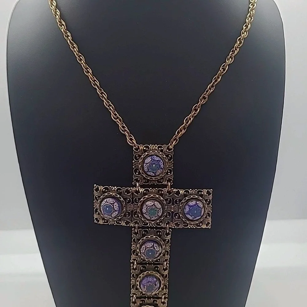 Vintage Hobe Necklace Gold Tone Filigree Enamel Articulated Large Cross RARE